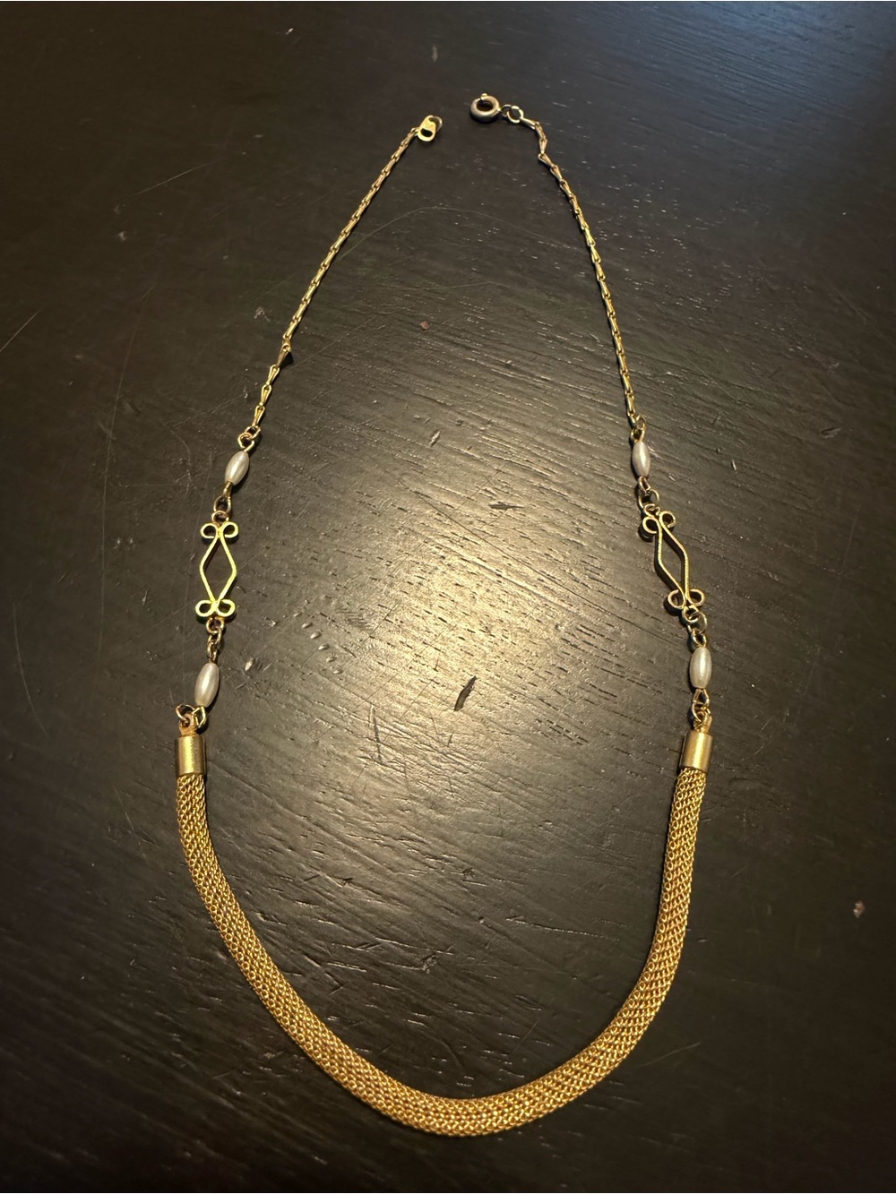 Gold Tone Mesh & Pearl Accent Necklace - Women
